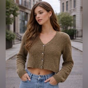 Social Standard by Sanctuary Cropped Bouclé Cardigan Olive Textured Sweater M/L